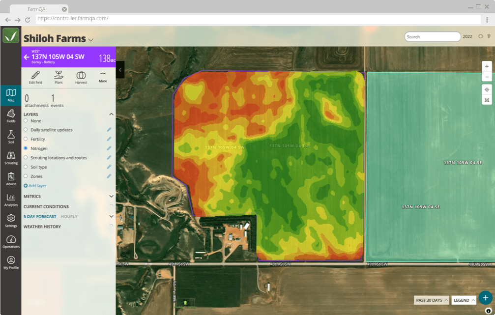 A screenshot of FarmQA on the web displaying field data graphically on a map using imagery