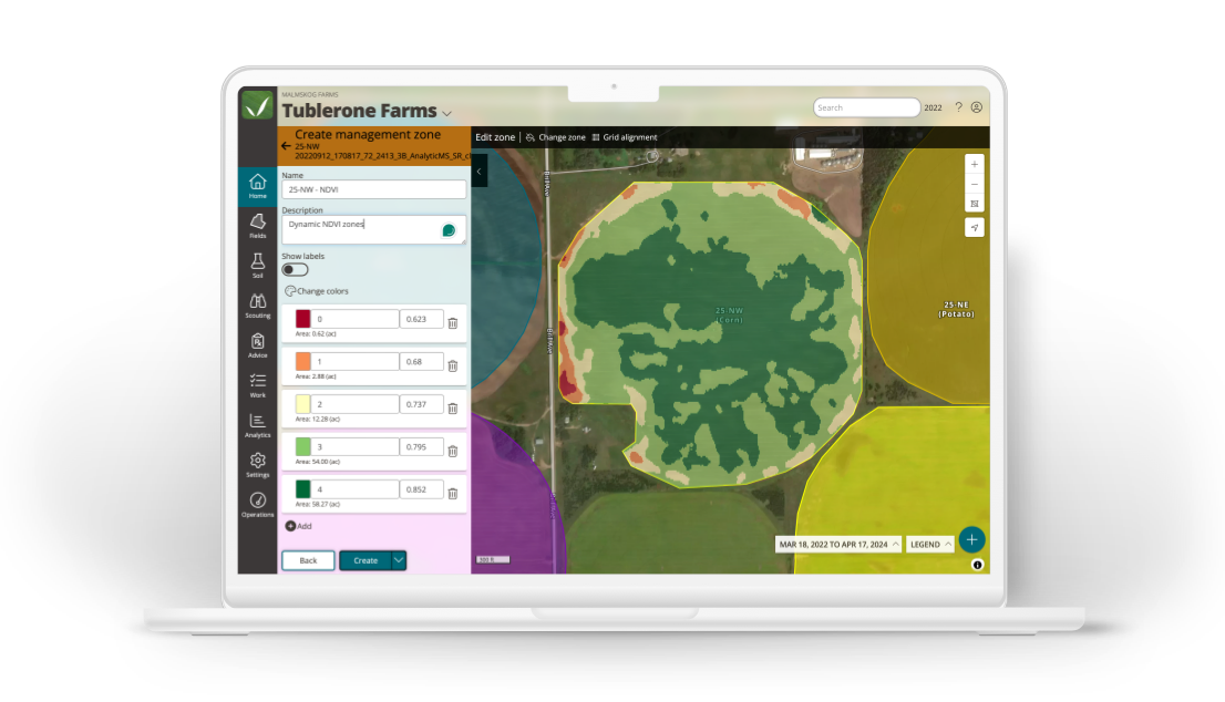 A computer showing the FarmQA solution with 5 management zones created from satellite imagery.