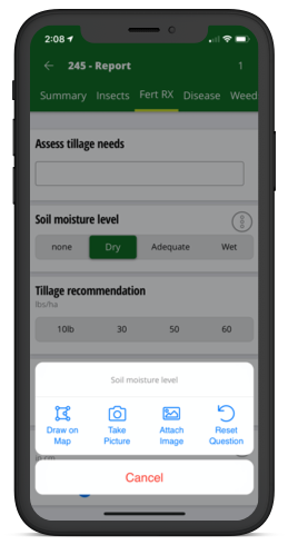 Screenshot of FarmQA Scouting showing the capabilities of adding photos and map annotations to a question