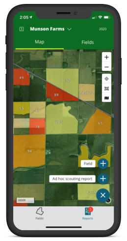 Screenshot of FarmQA Scouting showing a map of fields