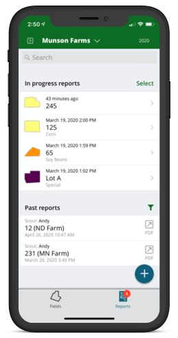 Screenshot of FarmQA Scouting displaying the reports tab and the export to PDF functionality