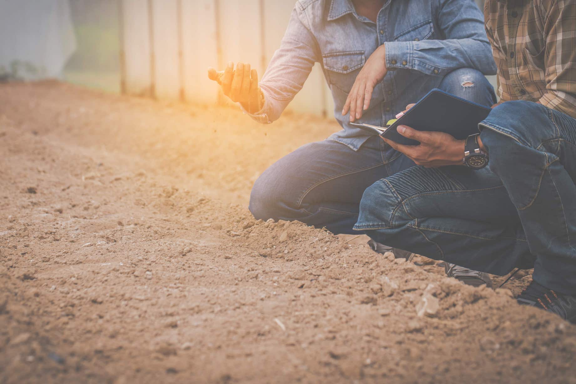 Two people kneeling by a bed of dirt while one is holding a handful of dirt and the other is taking notes in a notebook