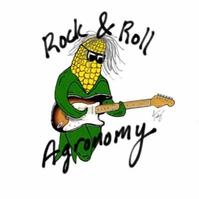 A personified ear of corn holding a guitar with the caption of Rock and Roll Agronomy