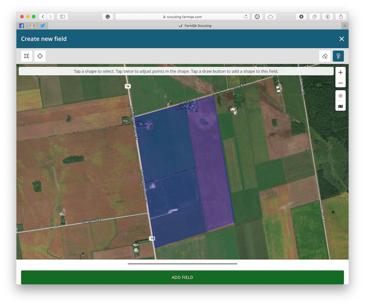Screenshot of FarmQA Scouting running on a desktop browser on a Mac or PC