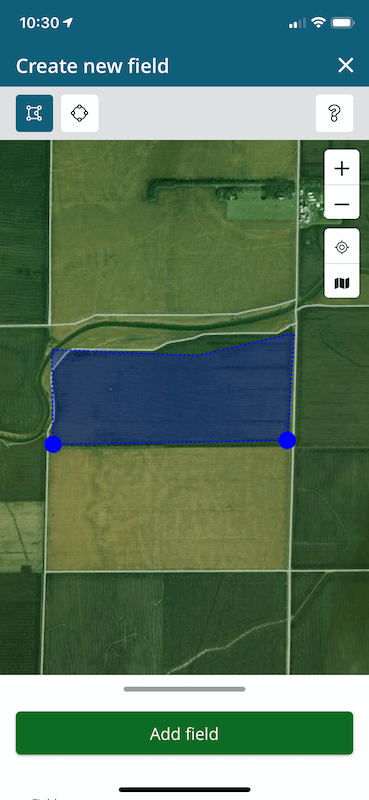 Screenshot of FarmQA Scouting with a draft shape for a field drawn