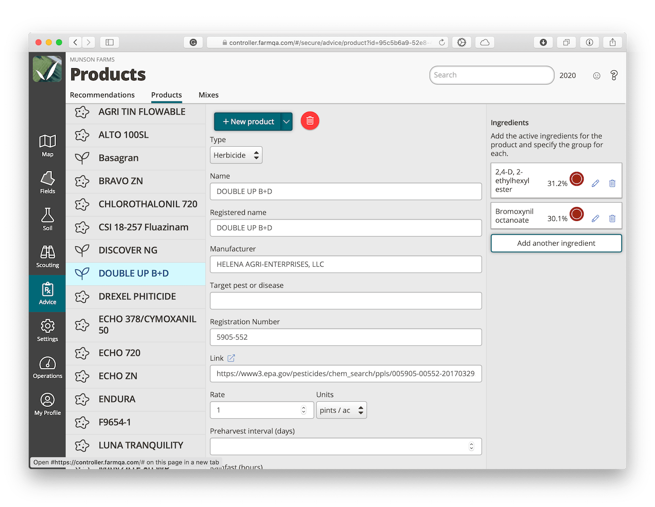 A screenshot of FarmQA controller showcasing the products list in the advice panel