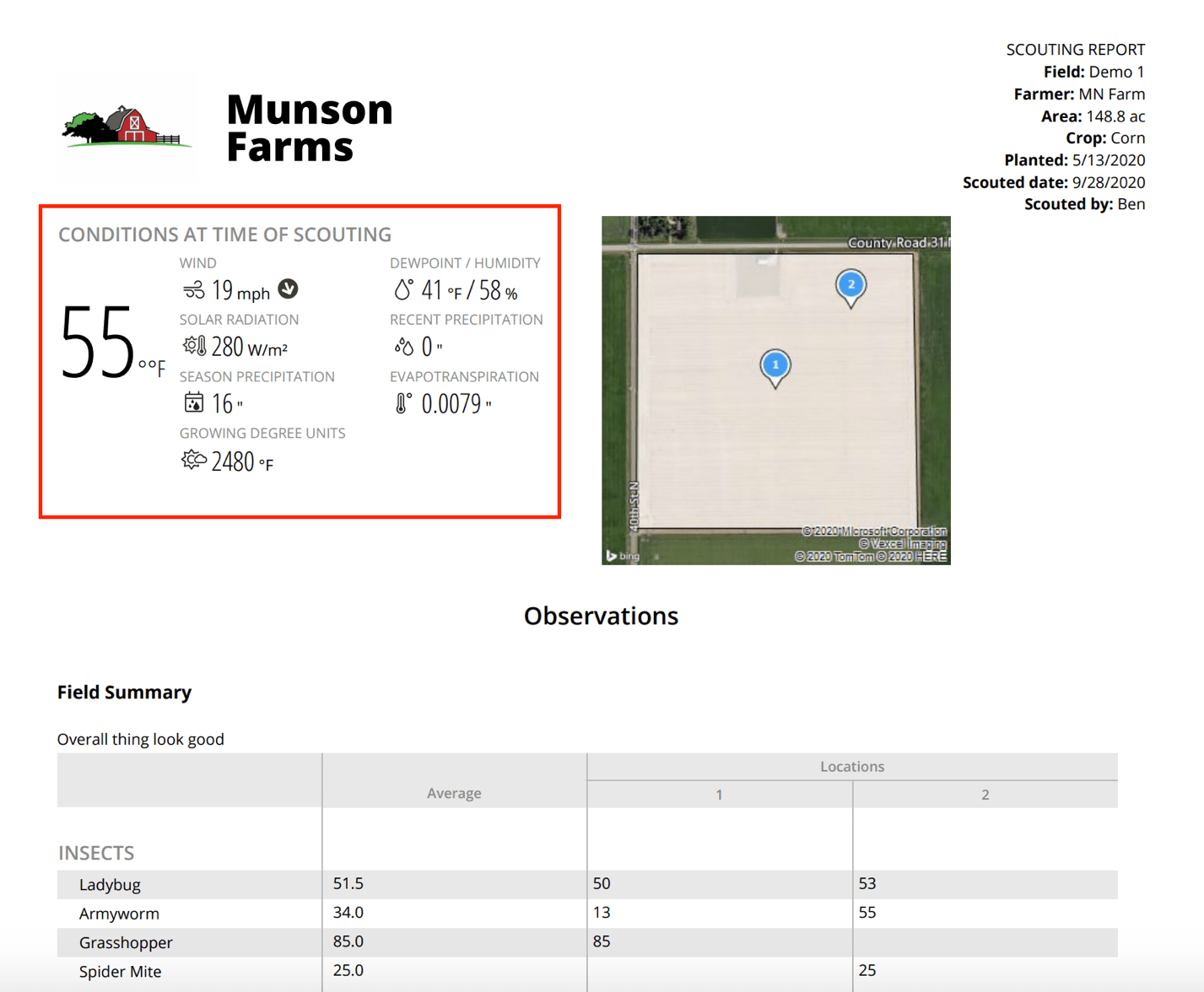 Screenshot of a FarmQA Scouting report with weather information on it