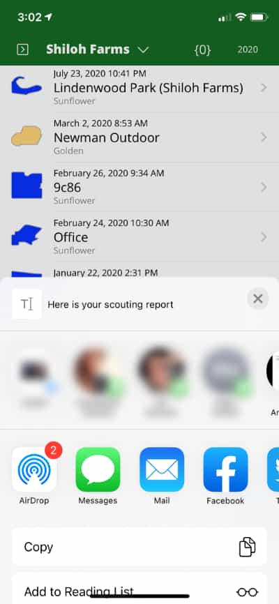 Screenshot of various options on iOS to send a FarmQA Scouting report to