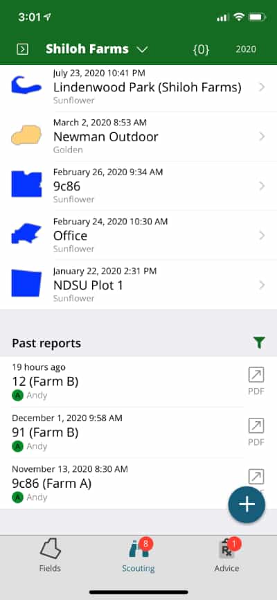 Screenshot of FarmQA Scoutihg with Advice, showing the selection of a report to send