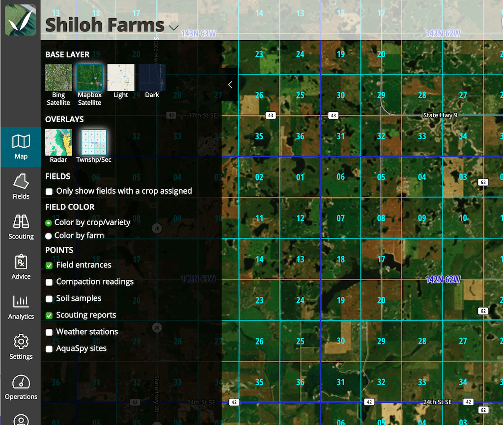 Screenshot of the map pane in FarmQA web open with the townships/sections toggled on
