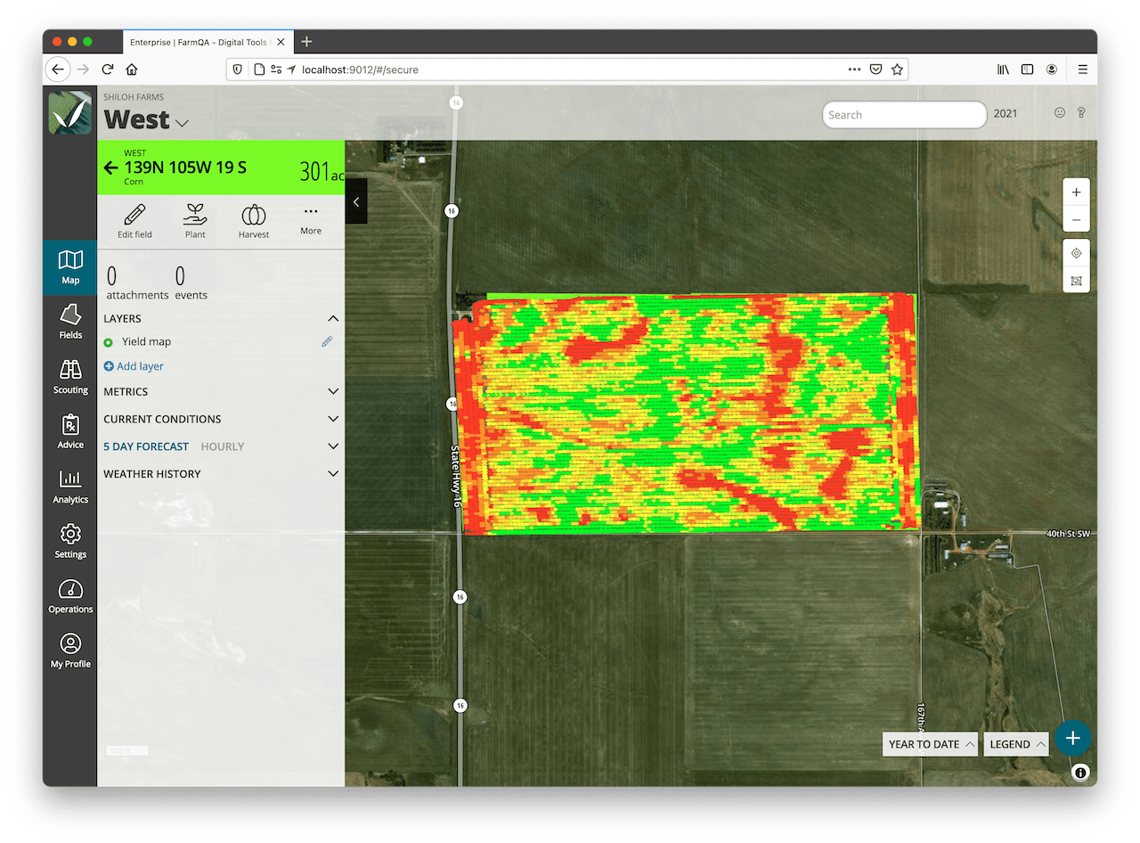 A screenshot of FarmQA showing a Yield map
