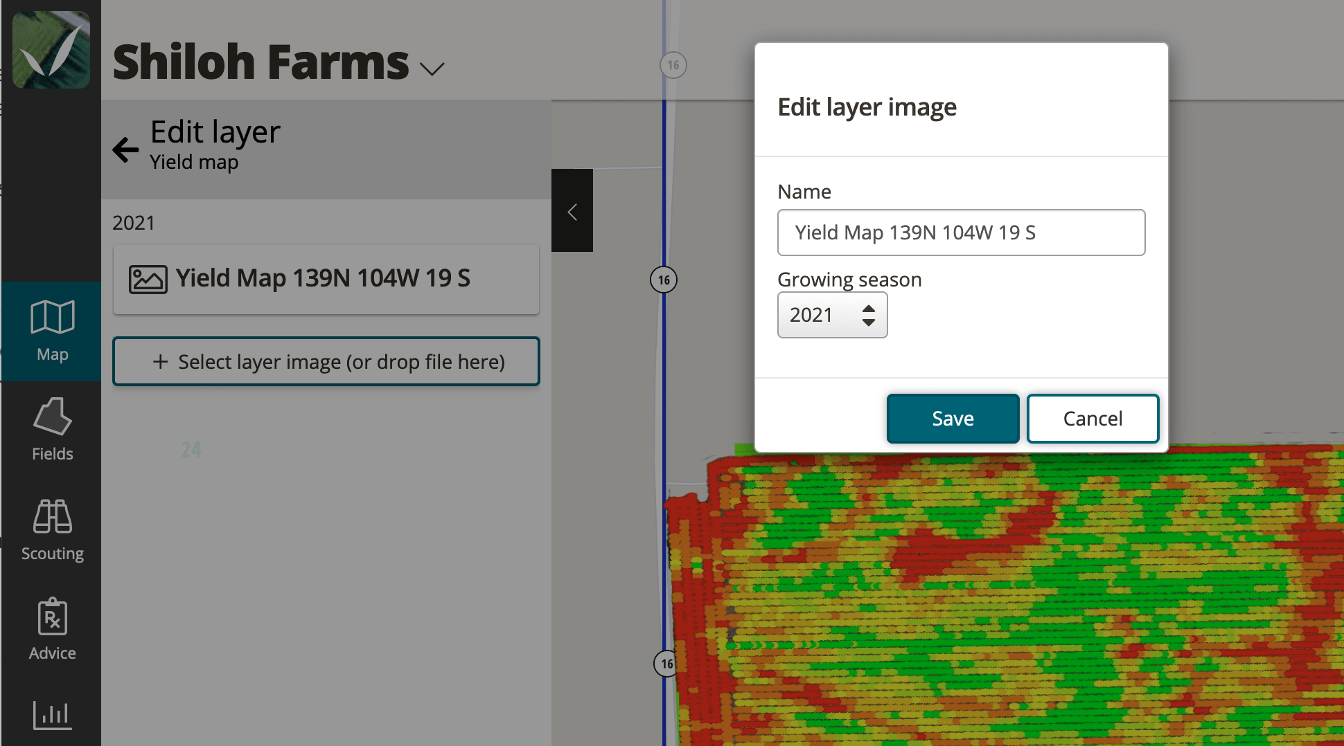 Example of a raster image and the editing options for a growing season layer.