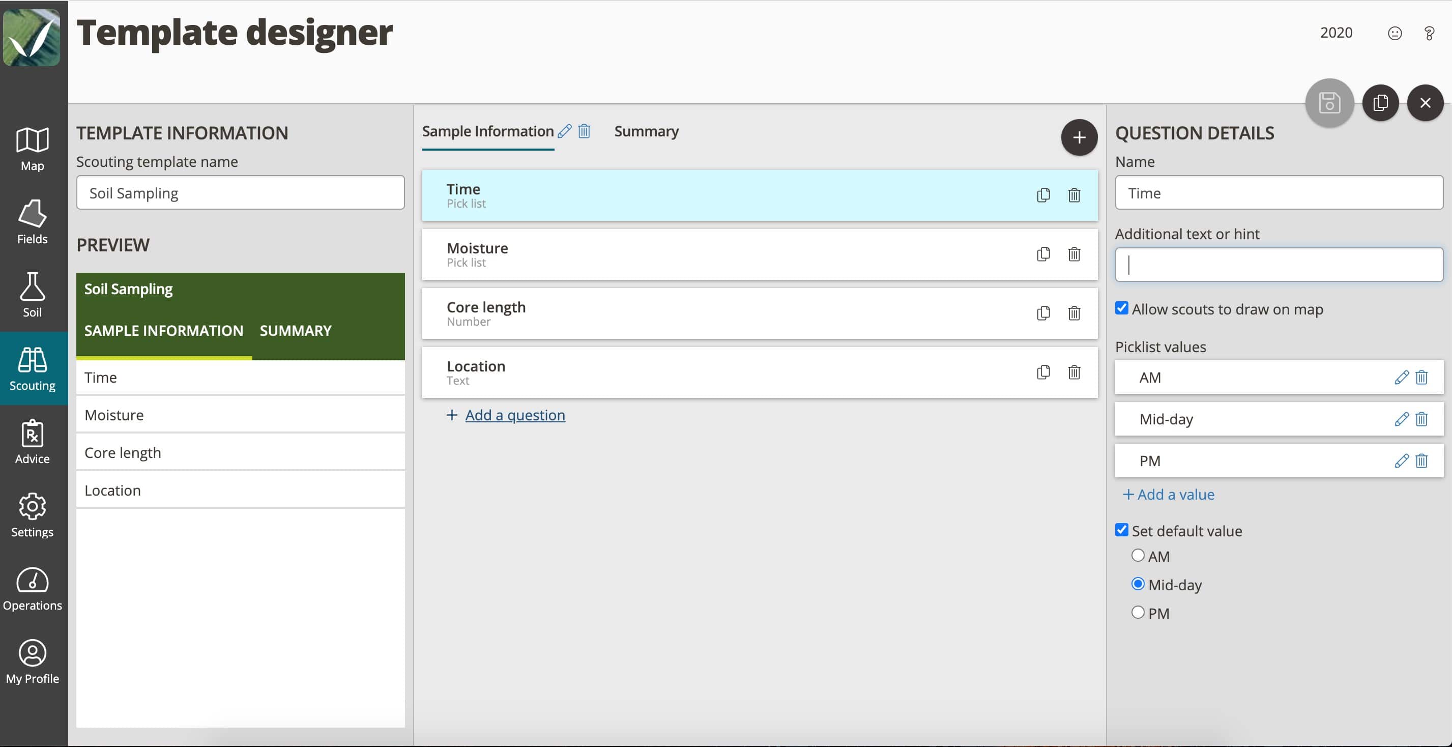 A screenshot of FarmQA controller showcasing the scouting template designer