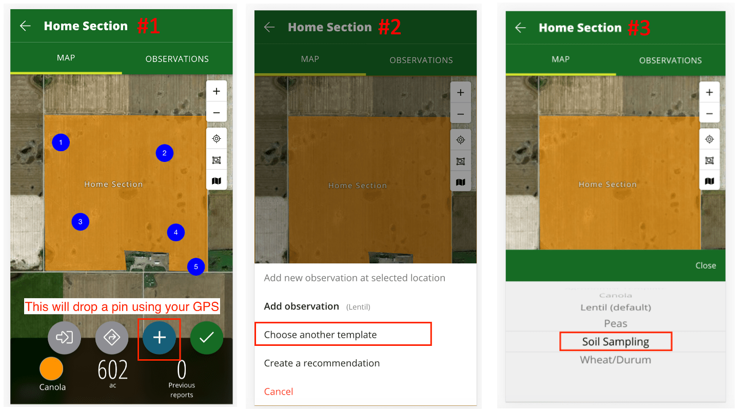 A screenshot of FarmQA mobile showcasing how to create a soil sampling template