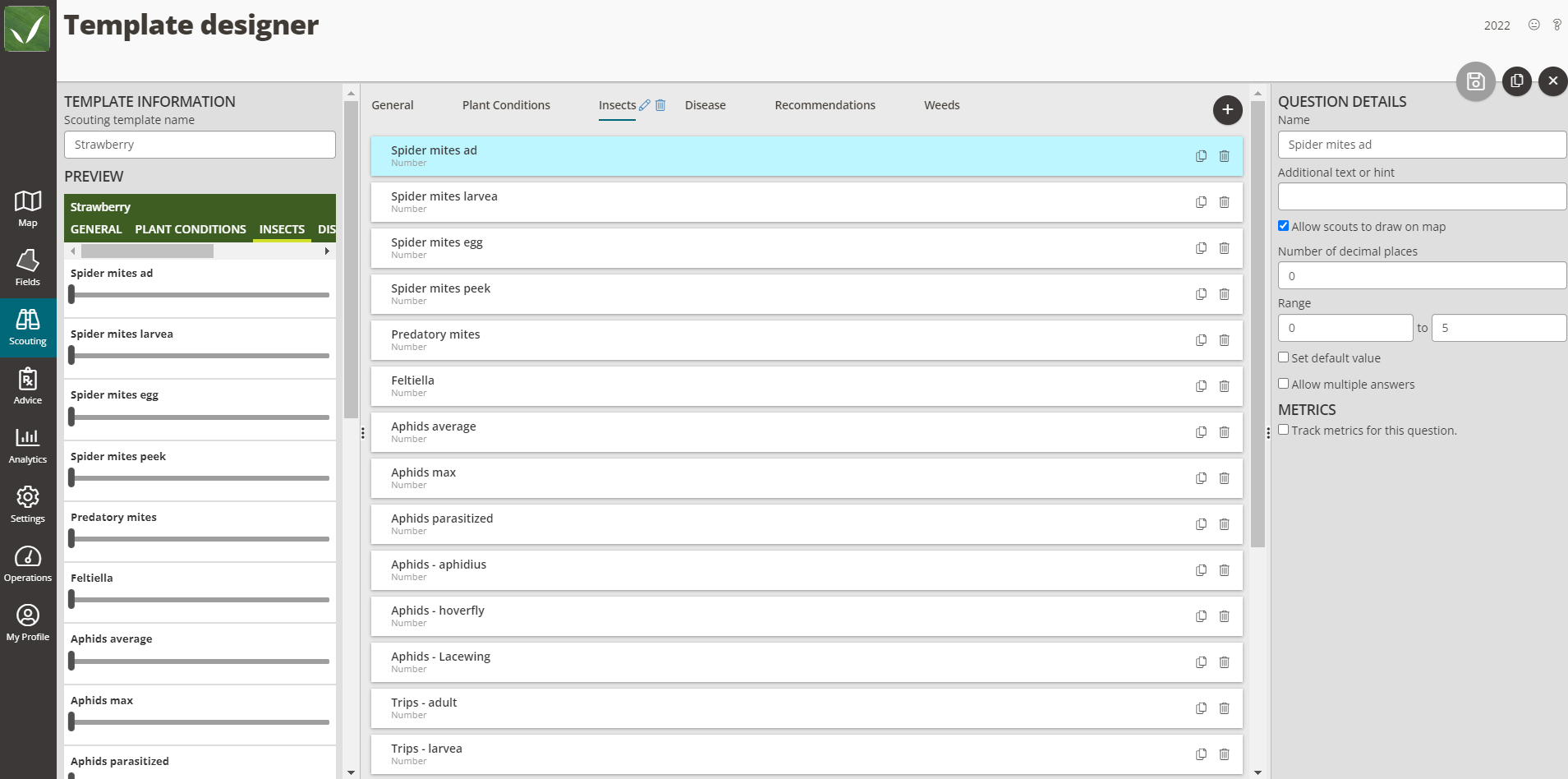 Screenshot of FarmQA scouting template designer