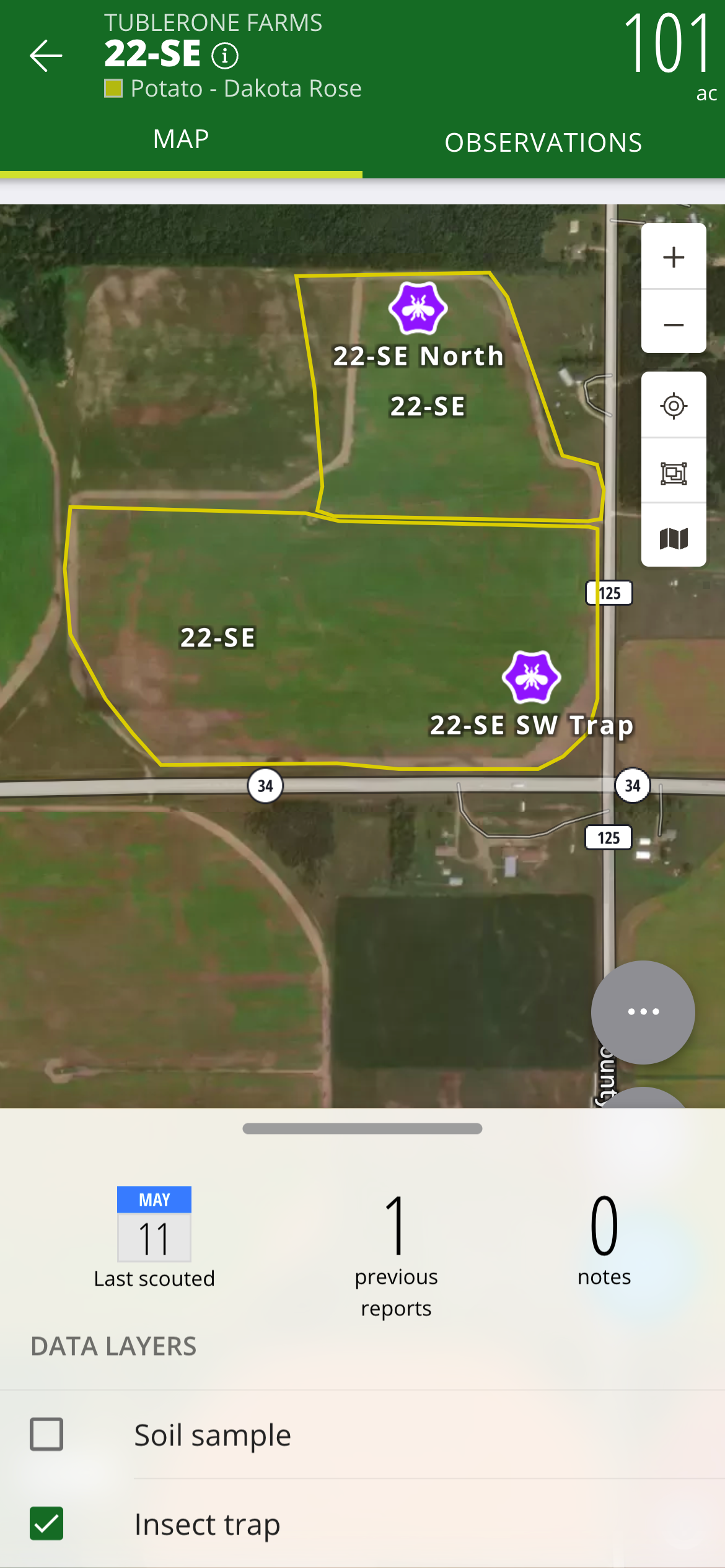 Screenshot of FarmQA mobile showing insect trap locations