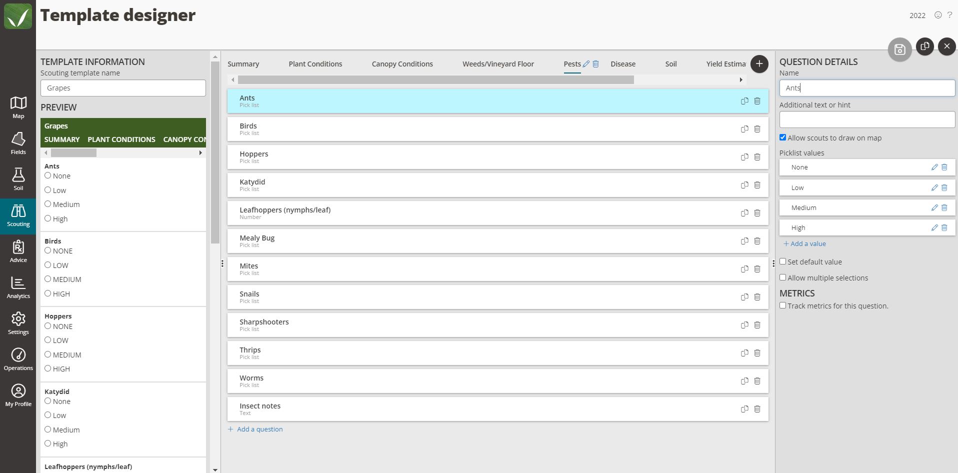 A screenshot of the FarmQA scouting template designer