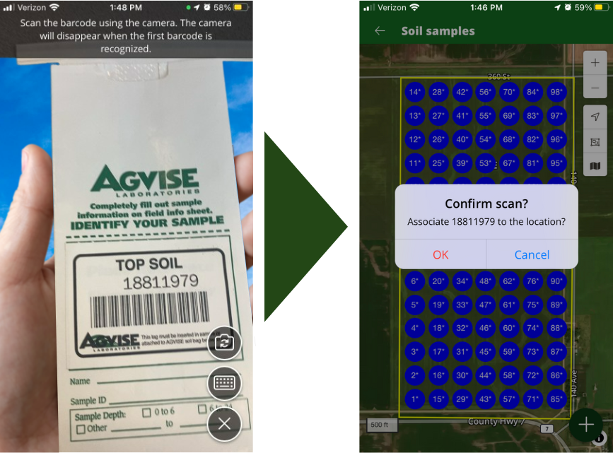 Screenshot showcasing scanning a soil sample barcode