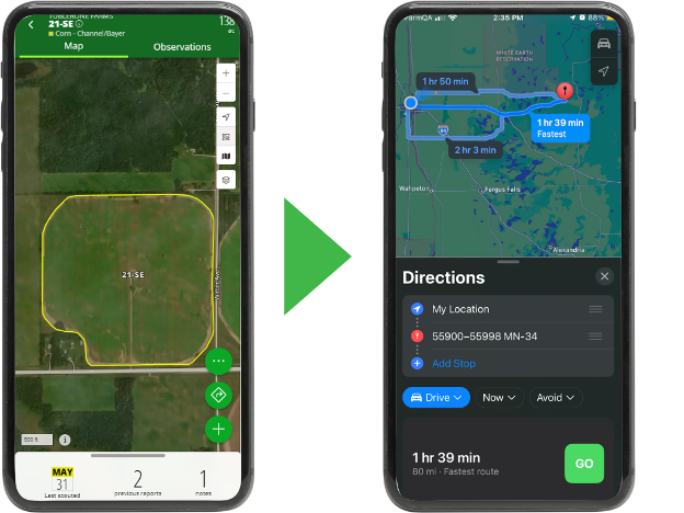 Get turn-by-turn directions to a field in the FarmQA mobile app