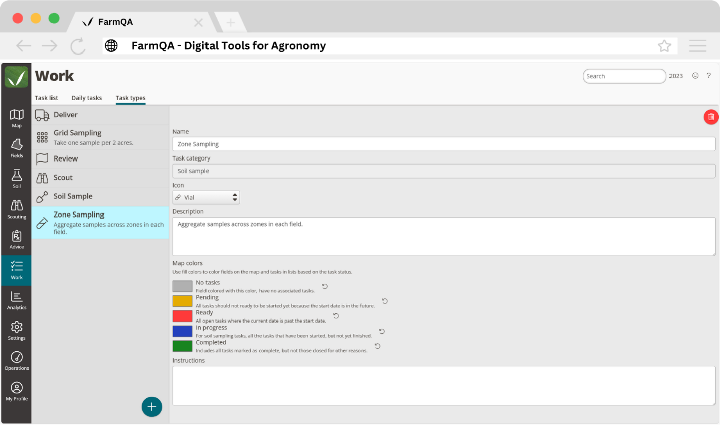 Defining soil sample work item types in FarmQA