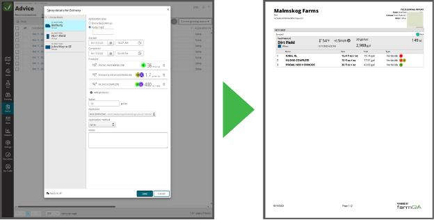 Generating a spray record in FarmQA