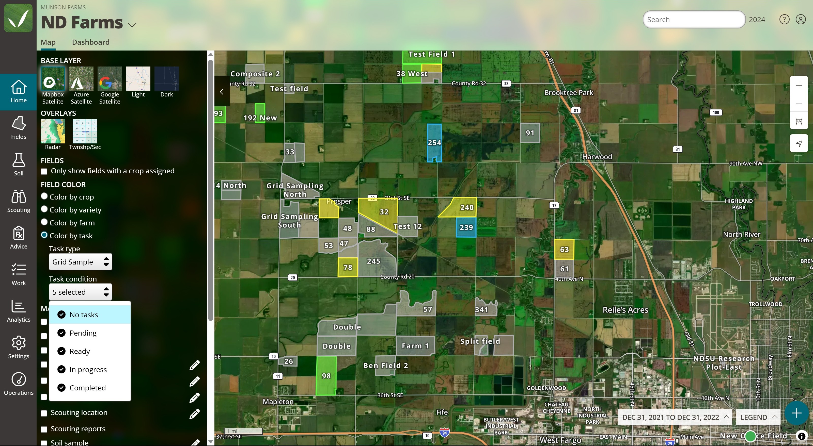 Map view of fields in FarmQA, each shaded in different colors representing task status (e.g., completed, in progress, pending), providing a visual overview of current work progress.