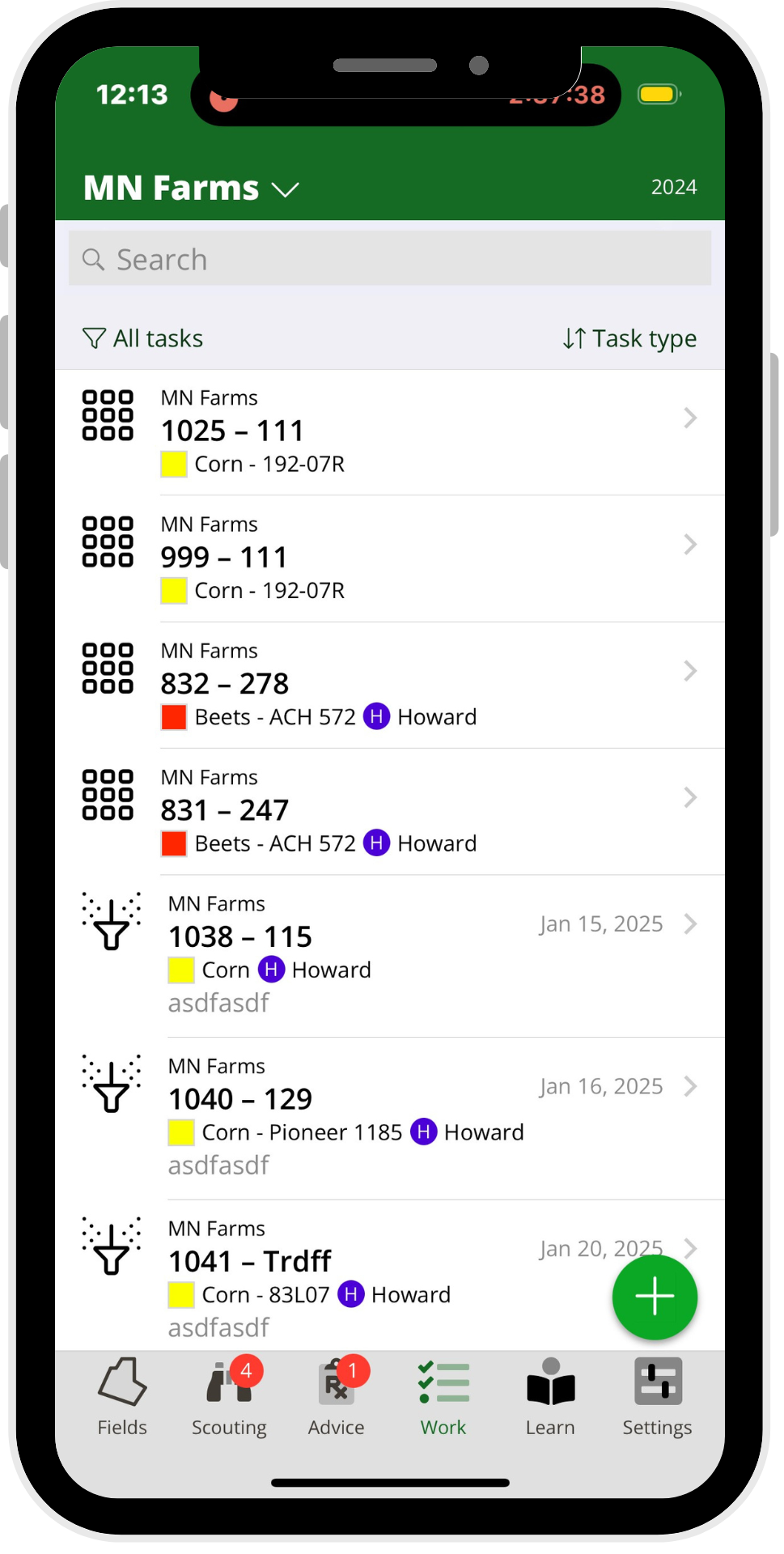 Mobile screenshot of the FarmQA app displaying a task list with field names, statuses, and due dates—designed for agronomists and field crews to easily access and complete assignments on the go.
