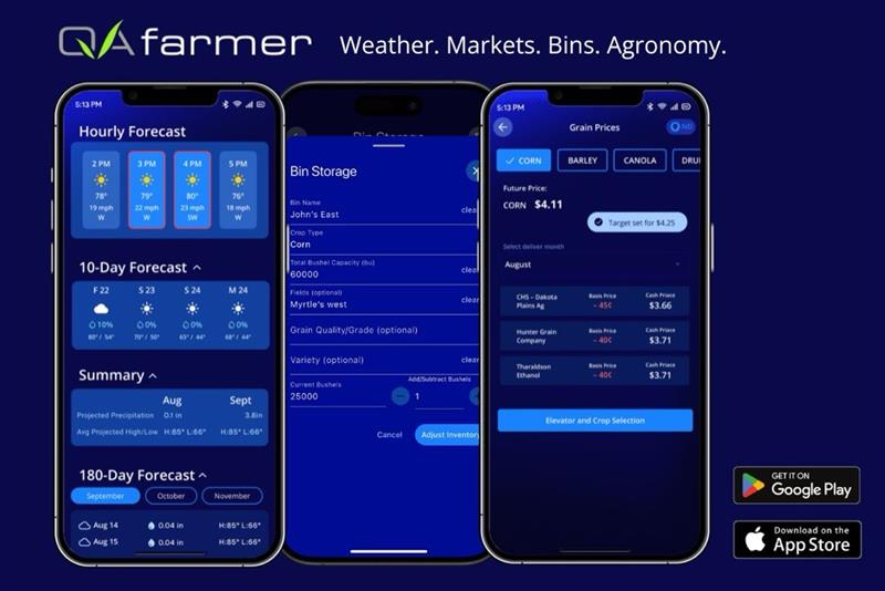 QA Farmer mobile app interface showing weather, markets, and grain storage features