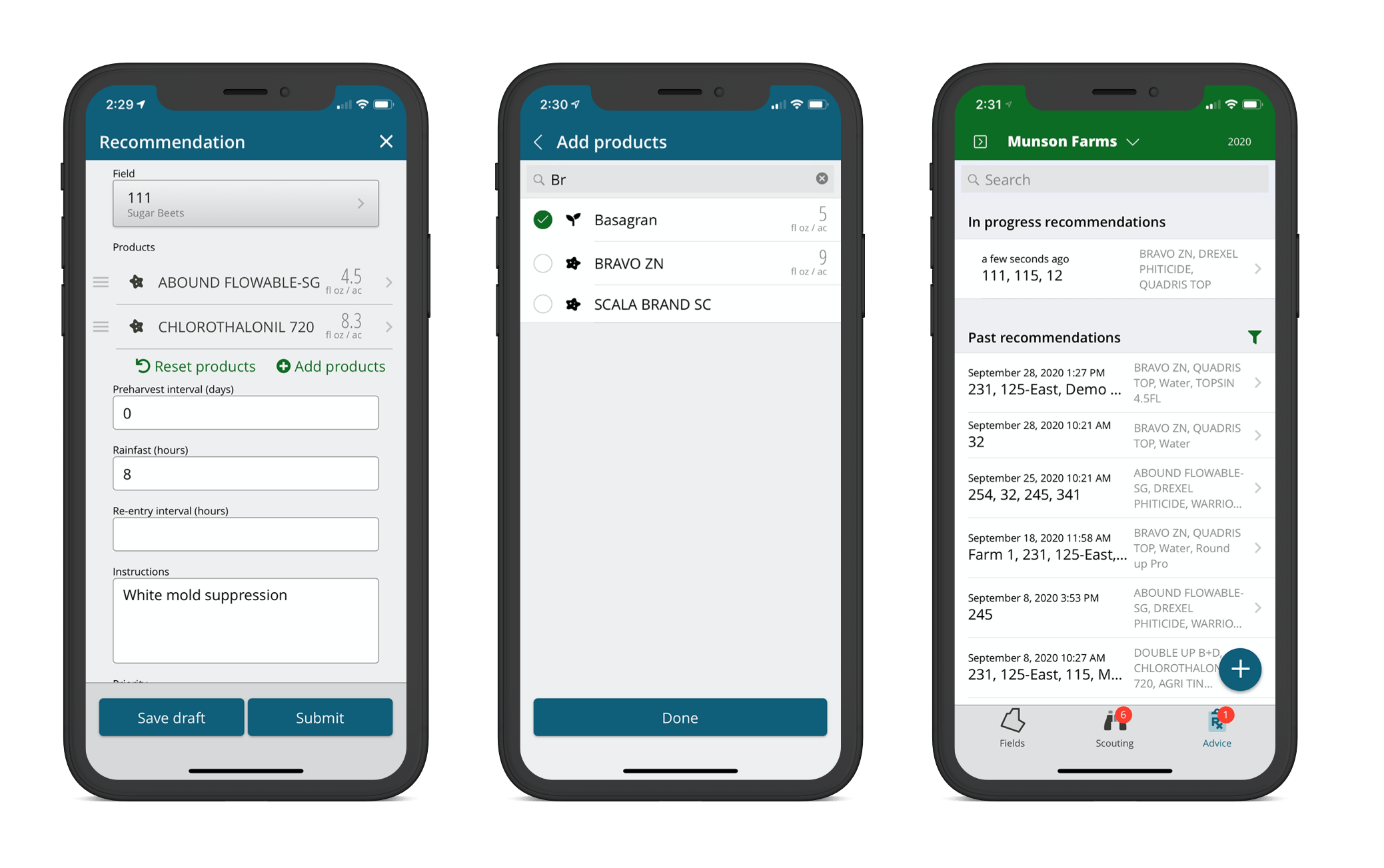 3 mobile devices display the FarmQA crop treatment app functionality