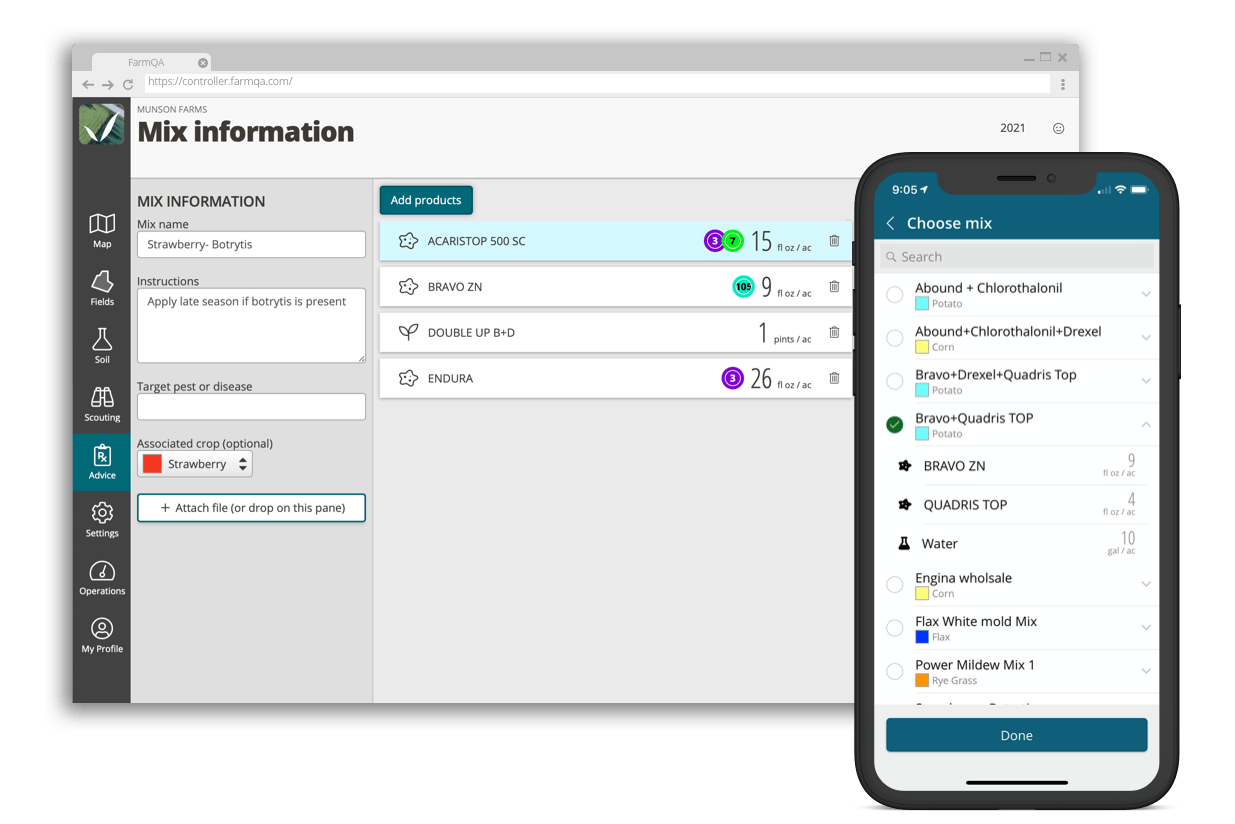 An image that shows a screen show of a tank mix on the web and in the FarmQA Scouting mobile app