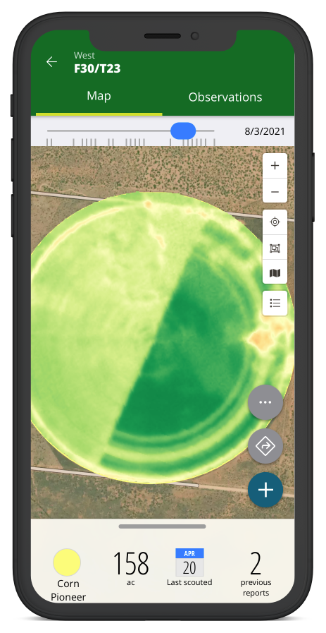 Screenshot of FarmQA mobile app displaying an image layer over a satellite image of a field