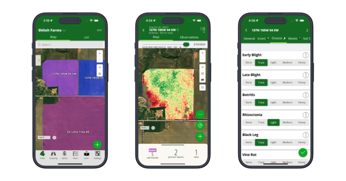 3 mobile devices showing FarmQA Scouting in action