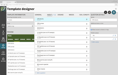 Scouting template designer showing a template being designed