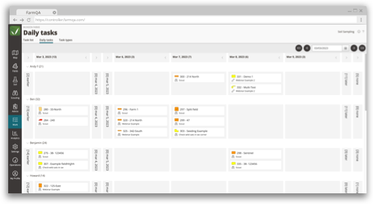 A screenshot of the FarmQA daily task view that allows for drag-n-drop reaassignment and visualization of agribusiness tasks.