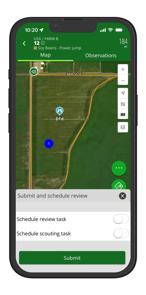 Screenshot of FarmQA mobile showing scouting followup tasks