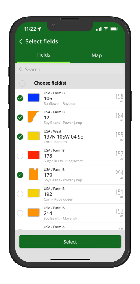 A screenshow of the FarmQA mobile app that is display a list of fields being selected for a task.