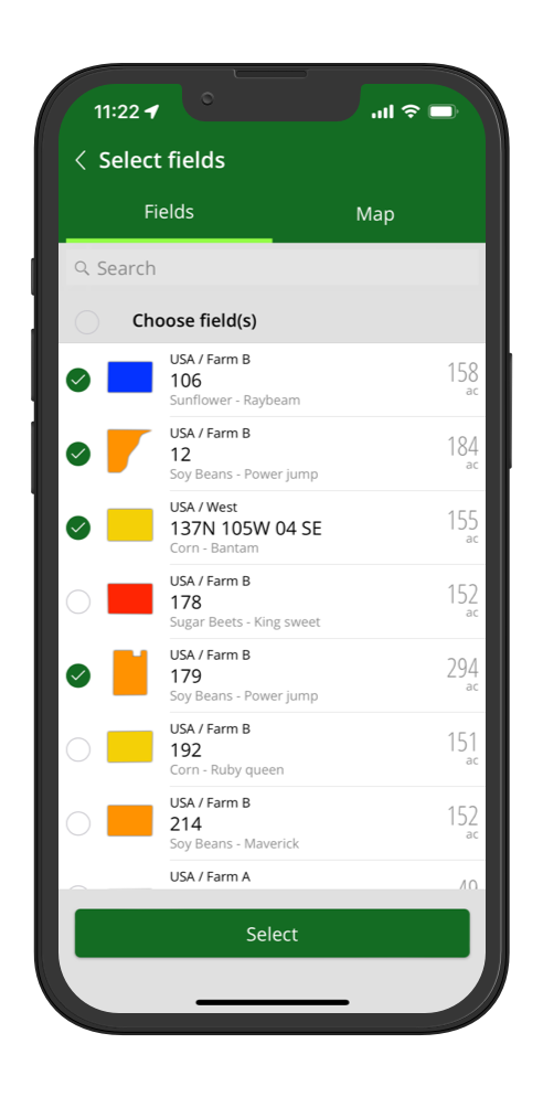 A screenshot of the FarmQA mobile app that is display a list of fields being selected for a task.