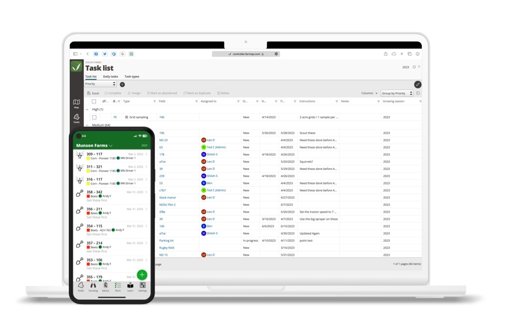 A computer and a mobile device showing what the FarmQA task solution looks like.