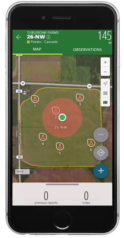A screenshot of FarmQA mobile displaying a field with soil sample locations marked