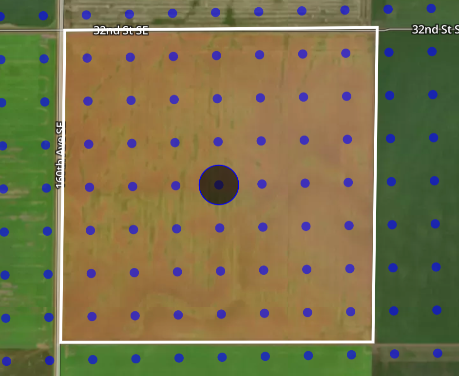 A screenshot of FarmQA defining a soil sampling grid in a grower's field