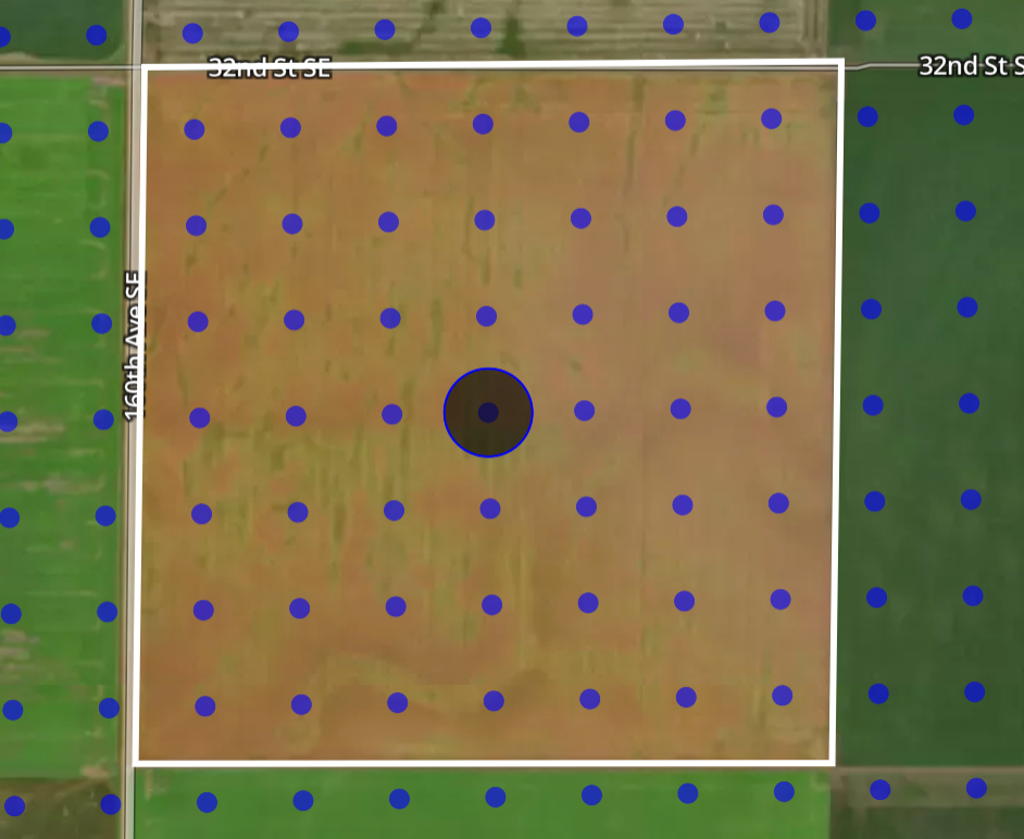 An example of grid points in a field in the FarmQA controller