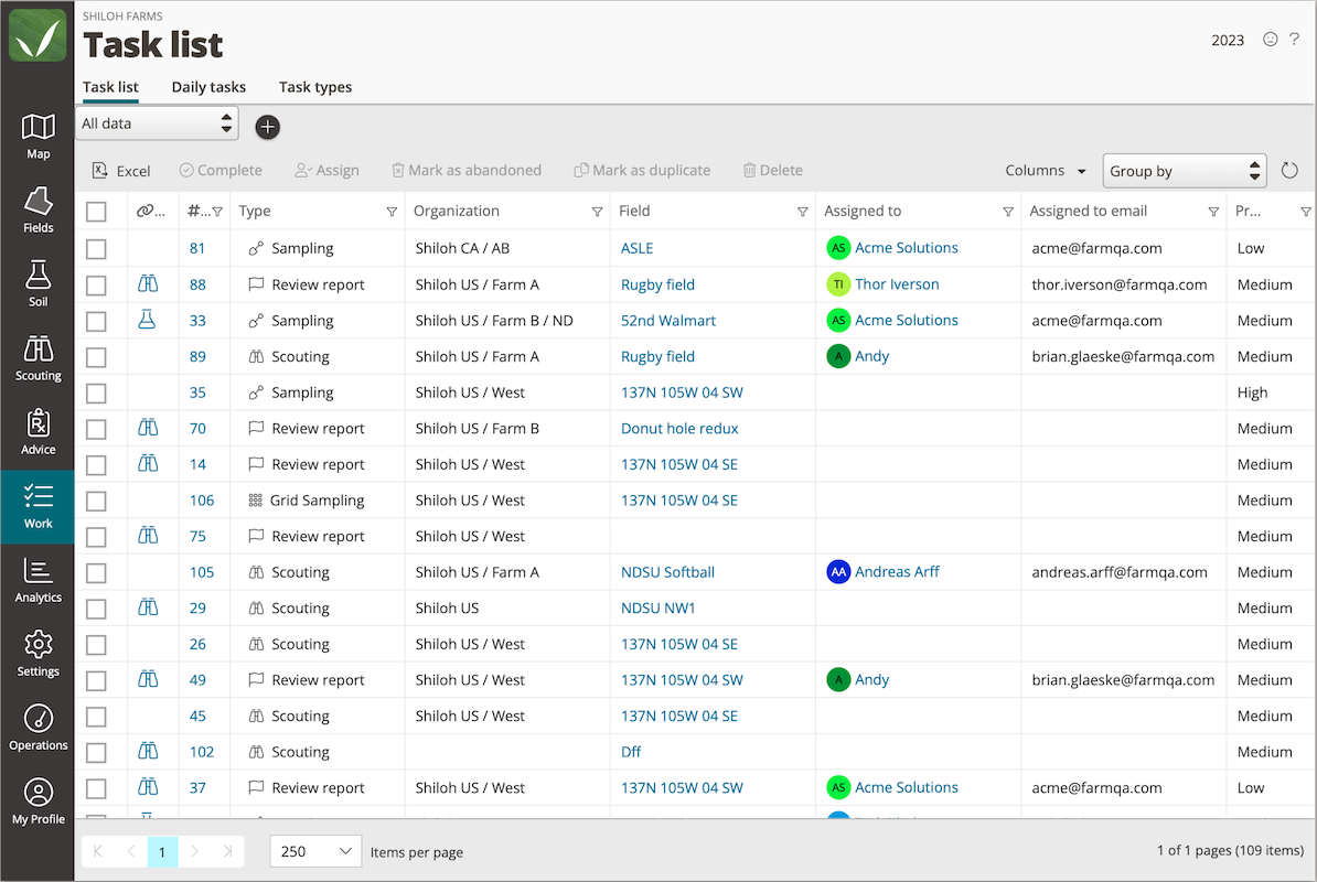 Screenshot of tasks in FarmQA