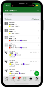 Mobile screenshot of the FarmQA app displaying a task list with field names, statuses, and due dates—designed for agronomists and field crews to easily access and complete assignments on the go.