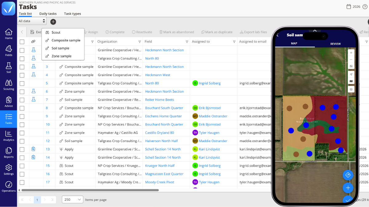 QA Advisor Tasks list on desktop, with a phone showing the mobile task list assigned to team members.
