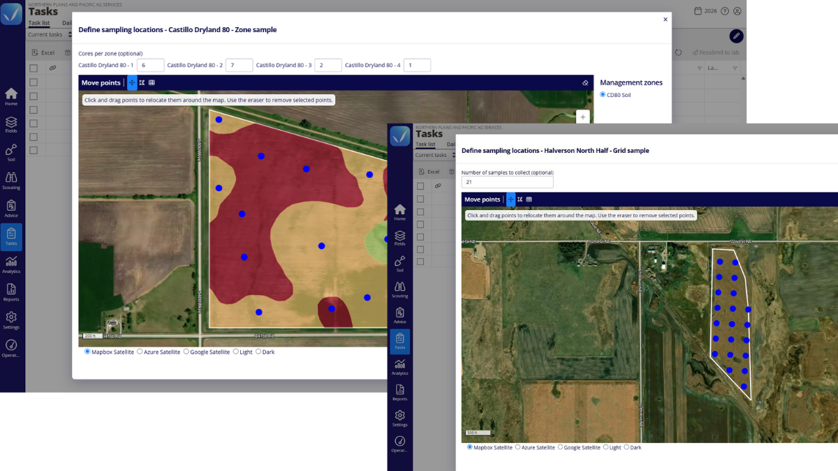 Two soil sampling setups in the FarmQA web application. On the left, numbered sample markers sit in management zones on an NDVI map of a field. On the right, 57 sample points are spaced in an even grid across a center-pivot field.
