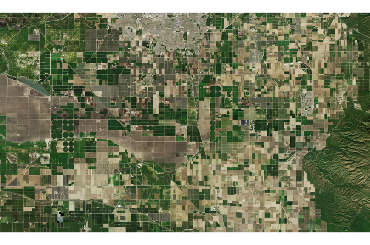 PlanetScope Mosaic of agricultural fields in Kern County, California, in February 2026. © 2026 Planet Labs PBC. Used with Permission. Planet.com
