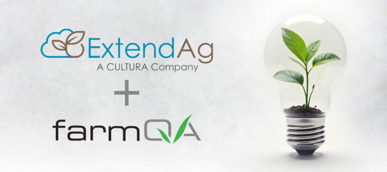 ExtendAg and FarmQA logos with a plus sign and lightbulb in the background.