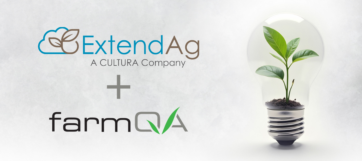 ExtendAg and FarmQA logos with a plus sign and lightbulb in the background.