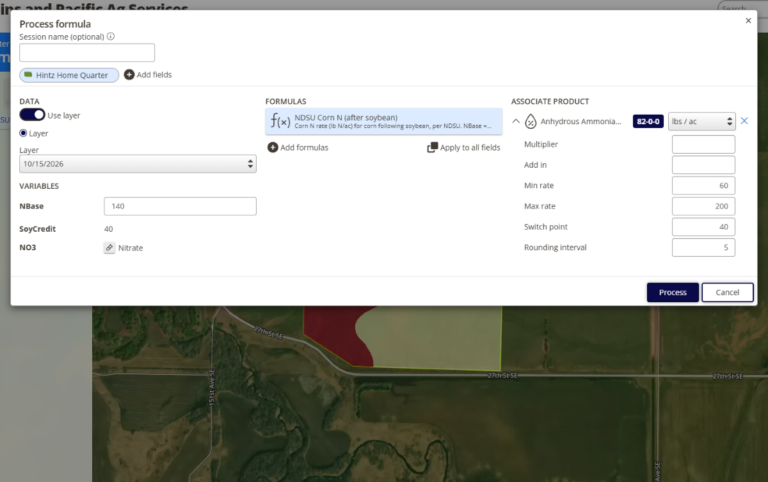 The Process formula window in QA Advisor for Hintz Home Quarter. It applies the NDSU Corn N (after soybean) formula using a nitrogen base of 140, a soybean credit of 40 and a soil nitrate layer, and sets anhydrous ammonia rates from 60 to 200 lbs per acre, rounded to 5 lbs. The zoned field map shows behind the window.