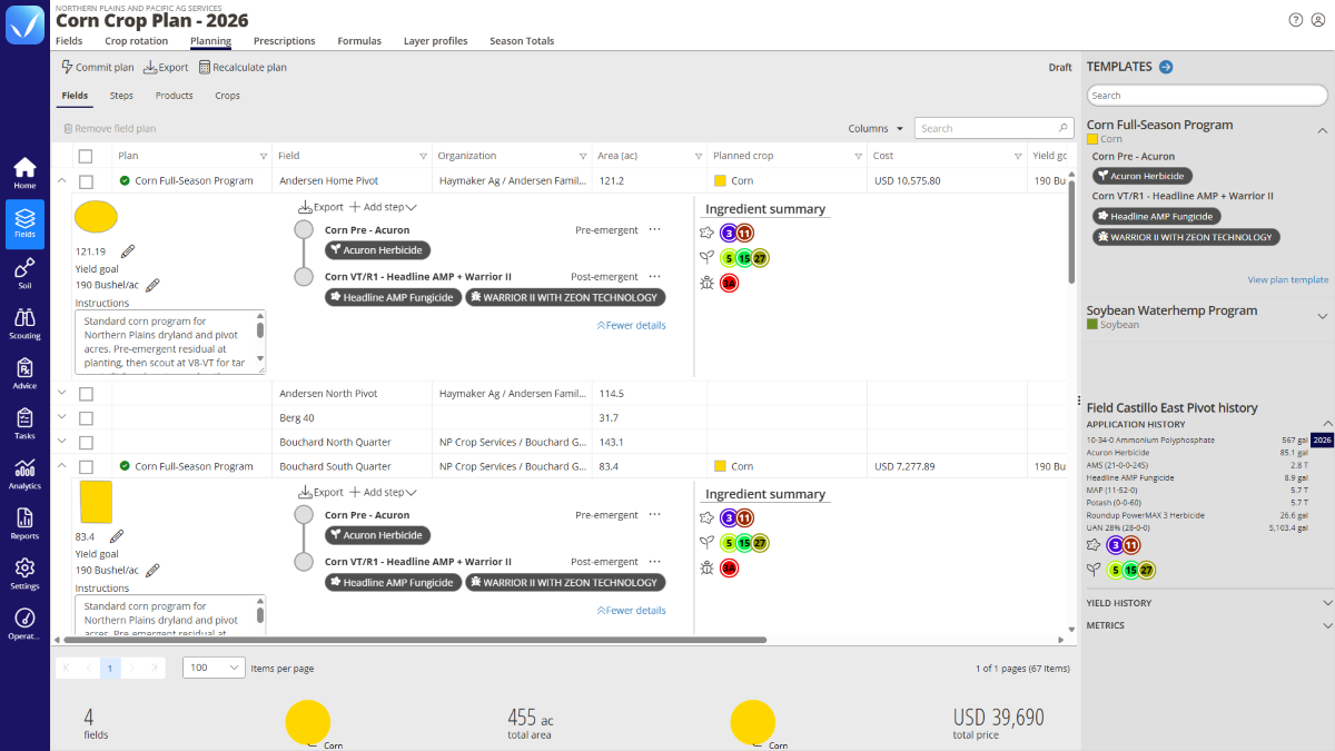 QA Advisor crop plan template showing seasonal application steps, products, rates, and mode of action groups.